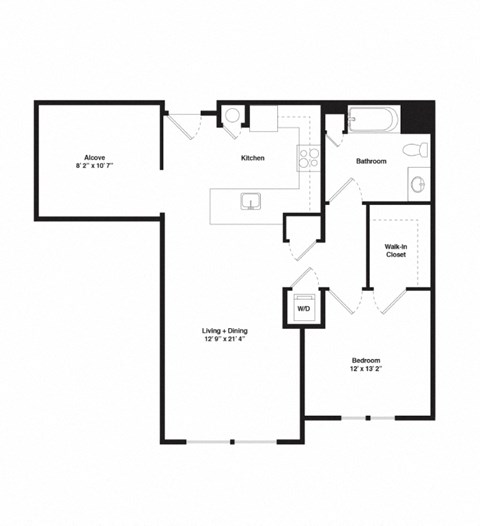 Floor plan for 1 bed, 1 bath, 882 sqft